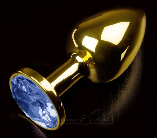 Золотистая анальная втулка с синим стразом - 7 см. - Пикантные штучки - купить с доставкой в Москве
