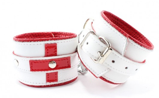 Бело-красные кожаные наручники для медсестры - БДСМ Арсенал - купить с доставкой в Москве