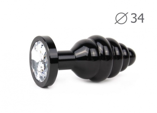 Коническая ребристая черная анальная втулка с прозрачным кристаллом - 8 см. - Anal Jewelry Plug - купить с доставкой в Москве