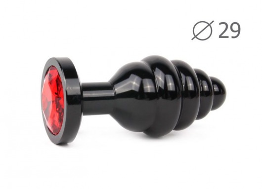 Коническая ребристая черная анальная втулка с красным кристаллом - 7,1 см. - Anal Jewelry Plug - купить с доставкой в Москве