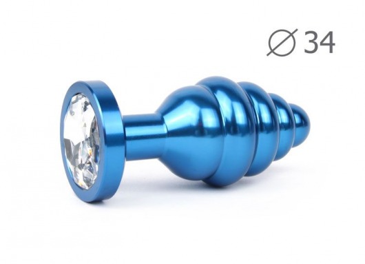 Коническая ребристая синяя анальная втулка с прозрачным кристаллом - 8 см. - Anal Jewelry Plug - купить с доставкой в Москве
