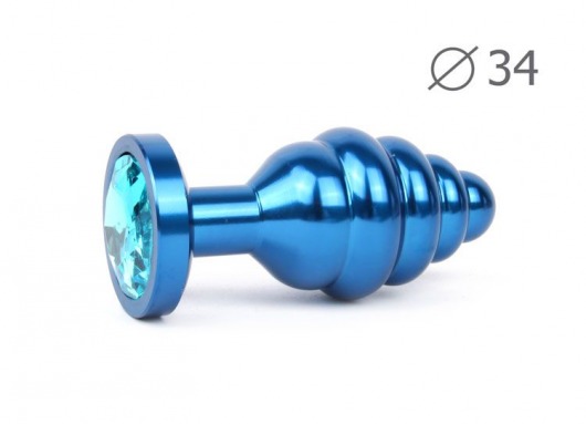 Коническая ребристая синяя анальная втулка с голубым кристаллом - 8 см. - Anal Jewelry Plug - купить с доставкой в Москве