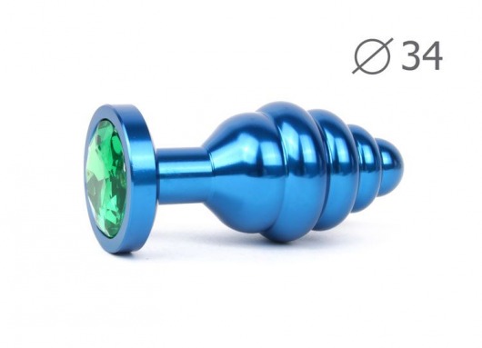 Коническая ребристая синяя анальная втулка с зеленым кристаллом - 8 см. - Anal Jewelry Plug - купить с доставкой в Москве