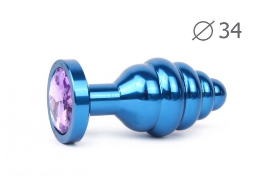Коническая ребристая синяя анальная втулка с сиреневым кристаллом - 8 см. - Anal Jewelry Plug - купить с доставкой в Москве