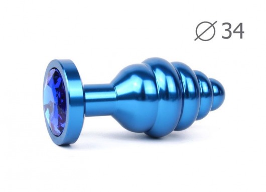 Коническая ребристая синяя анальная втулка с синим кристаллом - 8 см. - Anal Jewelry Plug - купить с доставкой в Москве