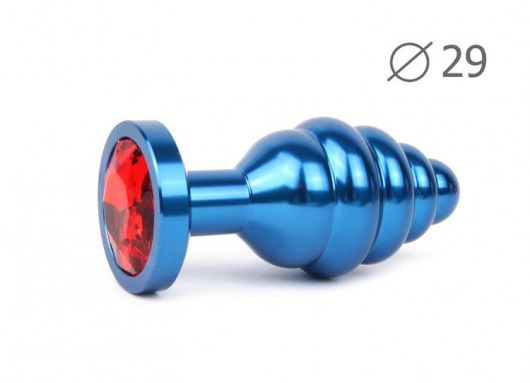 Коническая ребристая синяя анальная втулка с красным кристаллом - 7,1 см. - Anal Jewelry Plug - купить с доставкой в Москве