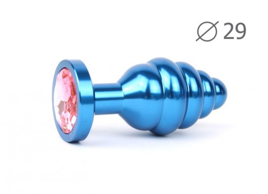 Коническая ребристая синяя анальная втулка с розовым кристаллом - 7,1 см. - Anal Jewelry Plug - купить с доставкой в Москве