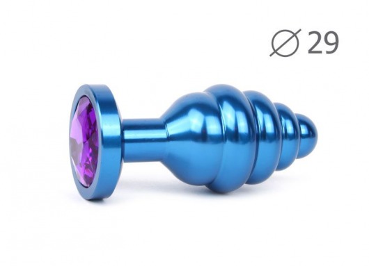 Коническая ребристая синяя анальная втулка с кристаллом фиолетового цвета - 7,1 см. - Anal Jewelry Plug - купить с доставкой в Москве