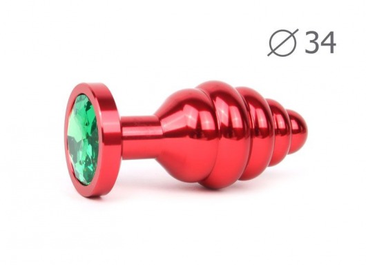 Коническая ребристая красная анальная втулка с зеленым кристаллом - 8 см. - Anal Jewelry Plug - купить с доставкой в Москве