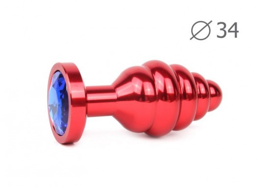 Коническая ребристая красная анальная втулка с синим кристаллом - 8 см. - Anal Jewelry Plug - купить с доставкой в Москве