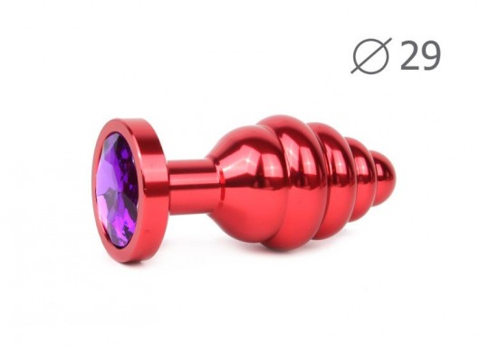 Коническая ребристая красная анальная втулка с кристаллом фиолетового цвета - 7,1 см. - Anal Jewelry Plug - купить с доставкой в Москве