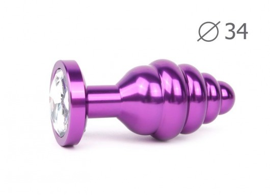 Коническая ребристая фиолетовая анальная втулка с прозрачным кристаллом - 8 см. - Anal Jewelry Plug - купить с доставкой в Москве