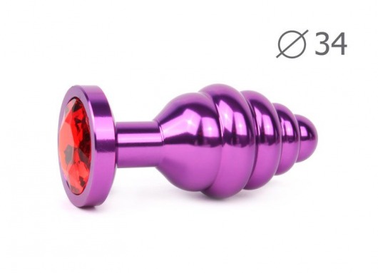 Коническая ребристая фиолетовая анальная втулка с красным кристаллом - 8 см. - Anal Jewelry Plug - купить с доставкой в Москве