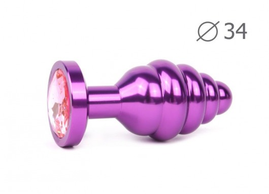 Коническая ребристая фиолетовая анальная втулка с розовым кристаллом - 8 см. - Anal Jewelry Plug - купить с доставкой в Москве