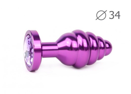 Коническая ребристая фиолетовая анальная втулка с сиреневым кристаллом - 8 см. - Anal Jewelry Plug - купить с доставкой в Москве