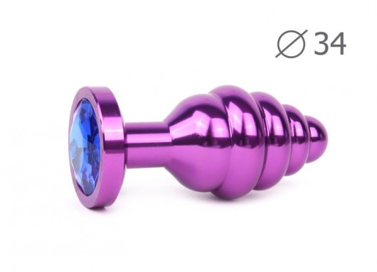 Коническая ребристая фиолетовая анальная втулка с синим кристаллом - 8 см. - Anal Jewelry Plug - купить с доставкой в Москве
