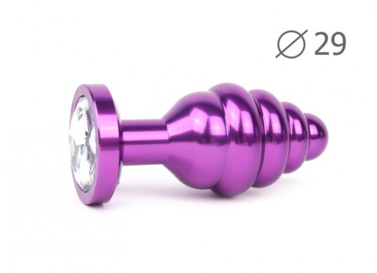 Коническая ребристая фиолетовая анальная втулка с прозрачным кристаллом - 7,1 см. - Anal Jewelry Plug - купить с доставкой в Москве