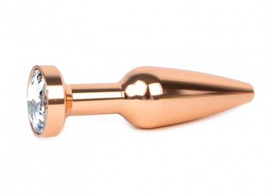 Удлиненная коническая гладкая золотистая анальная втулка с прозрачным кристаллом - 11,3 см. - Anal Jewelry Plug - купить с доставкой в Москве