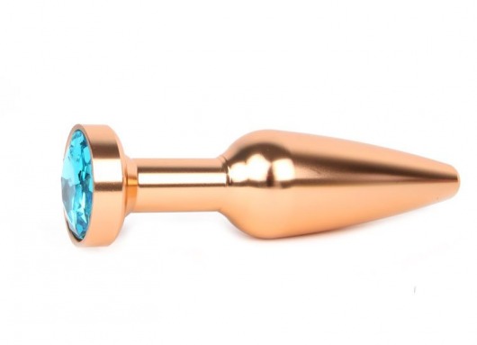 Удлиненная коническая гладкая золотистая анальная втулка с голубым кристаллом - 11,3 см. - Anal Jewelry Plug - купить с доставкой в Москве
