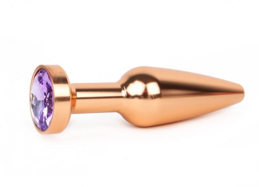 Удлиненная коническая гладкая золотистая анальная втулка с сиреневым кристаллом - 11,3 см. - Anal Jewelry Plug - купить с доставкой в Москве