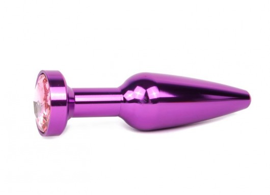 Удлиненная коническая гладкая фиолетовая анальная втулка с розовым кристаллом - 11,3 см. - Anal Jewelry Plug - купить с доставкой в Москве
