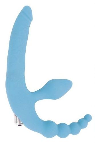 Голубой безремневой страпон с анальным отростком и вибрацией - 15 см. - Bior toys - купить с доставкой в Москве