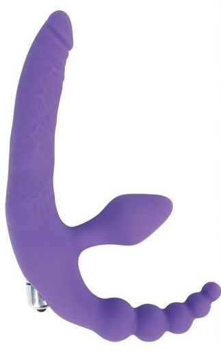 Фиолетовый безремневой страпон с анальным отростком и вибрацией - 15 см. - Bior toys - купить с доставкой в Москве