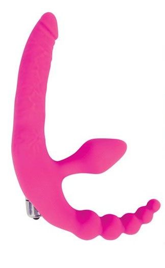 Розовый безремневой страпон с анальным отростком и вибрацией - 15 см. - Bior toys - купить с доставкой в Москве