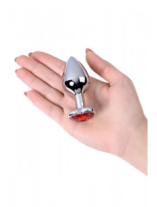 Серебристая коническая анальная пробка с красным кристаллом-сердечком - 7 см. - ToyFa - купить с доставкой в Москве