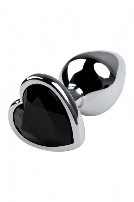 Серебристая коническая анальная пробка с черным кристаллом-сердечком - 7 см. - ToyFa - купить с доставкой в Москве