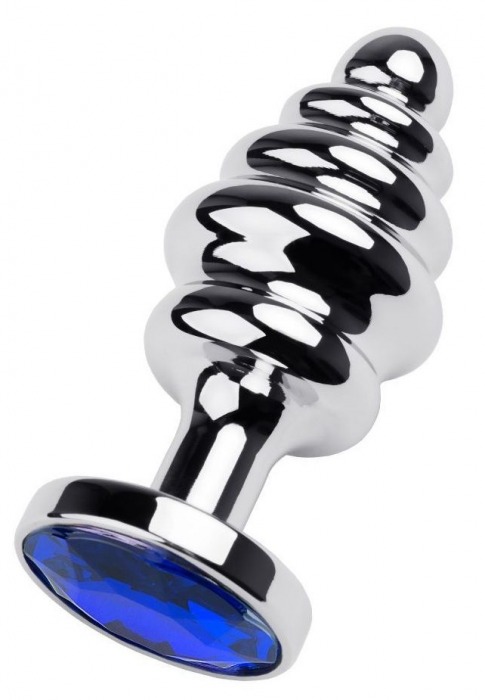 Серебристая анальная пробка-елочка с синим кристаллом - 7,2 см. - ToyFa - купить с доставкой в Москве