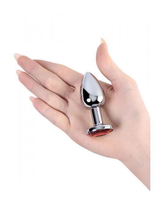 Большая серебристая коническая анальная пробка с красным кристаллом - 7,2 см. - ToyFa - купить с доставкой в Москве