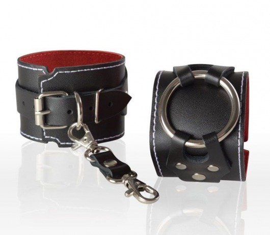 Чёрные кожаные наручники-напульсники с красной изнанкой - Sitabella - купить с доставкой в Москве