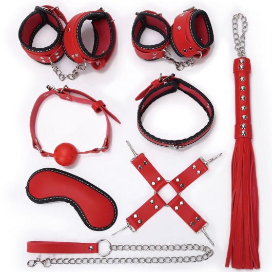 Пикантный красно-черный набор БДСМ: маска, ошейник, кляп, фиксатор, наручники, оковы, плеть - Bior toys - купить с доставкой в Москве