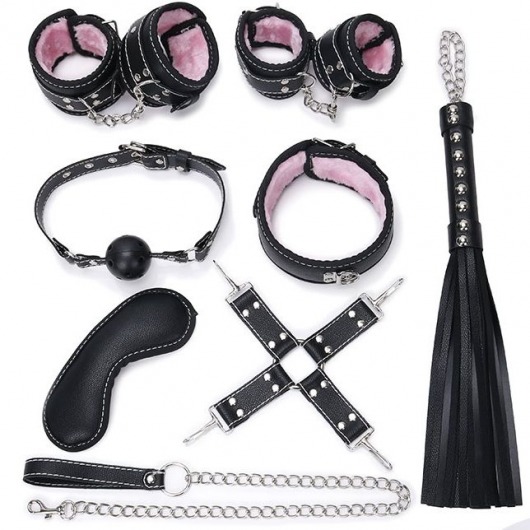 Пикантный черно-розовый набор БДСМ: маска, ошейник, кляп, фиксатор, наручники, оковы, плеть - Bior toys - купить с доставкой в Москве