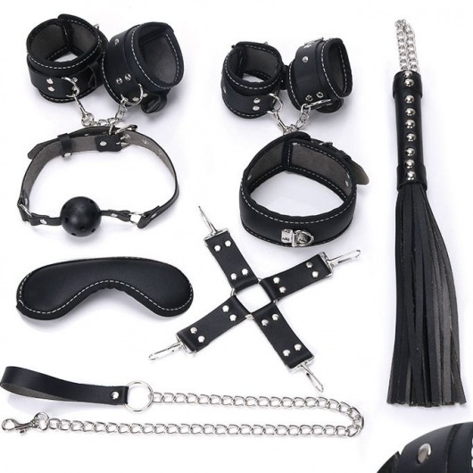 Пикантный черный набор БДСМ: маска, ошейник, кляп, фиксатор, наручники, оковы, плеть - Bior toys - купить с доставкой в Москве