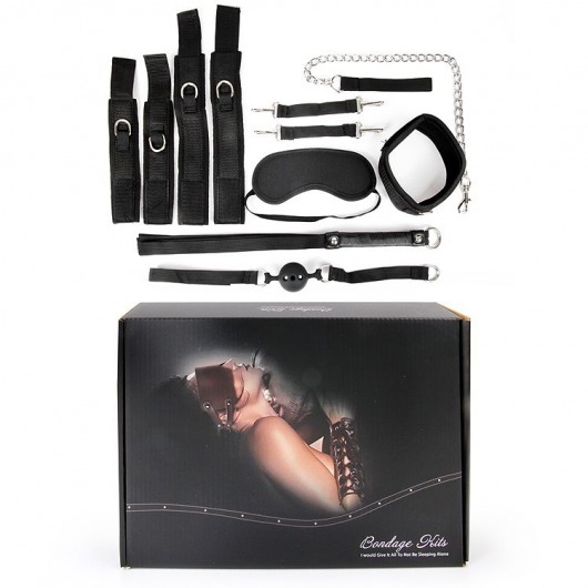 Черный текстильный набор БДСМ: наручники, оковы, ошейник с поводком, кляп, маска, плеть - Bior toys - купить с доставкой в Москве