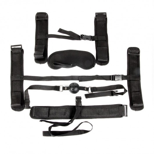 Пикантный черный текстильный набор БДСМ: наручники, оковы, ошейник с поводком, кляп, маска - Bior toys - купить с доставкой в Москве