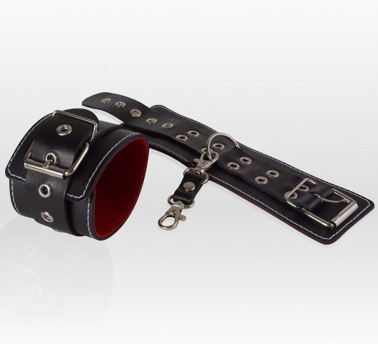 Чёрные кожаные наручники с контрастной строчкой и красной изнанкой - Sitabella - купить с доставкой в Москве