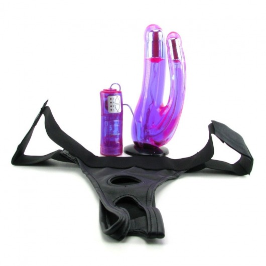 Фиолетовый двойной страпон с вибрацией Double Penetrator Vibe Strap-On - 19 см. - Pipedream - купить с доставкой в Москве