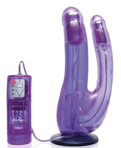 Фиолетовый двойной страпон с вибрацией Double Penetrator Vibe Strap-On - 19 см. - Pipedream - купить с доставкой в Москве