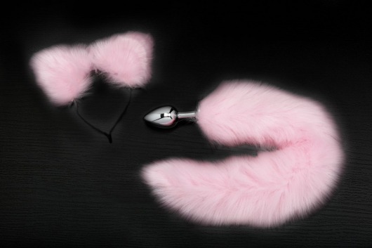 Серебристая анальная пробка с розовым хвостиком и ободком-ушками - Пикантные штучки - купить с доставкой в Москве