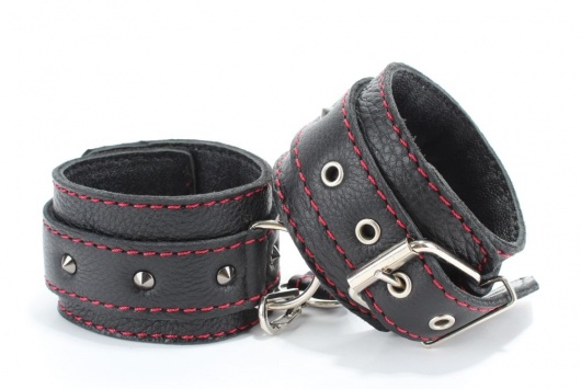 Черные наручники из натуральной кожи на карабинах - БДСМ Арсенал - купить с доставкой в Москве