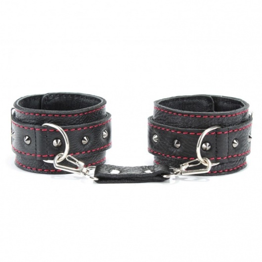 Черные наручники из натуральной кожи на карабинах - БДСМ Арсенал - купить с доставкой в Москве