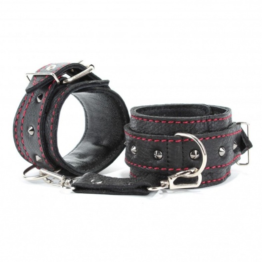 Черные наручники из натуральной кожи на карабинах - БДСМ Арсенал - купить с доставкой в Москве