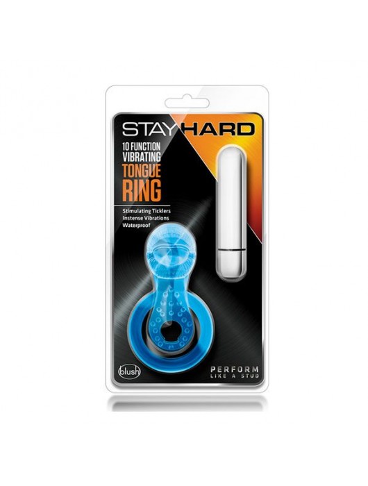 Голубое эрекционное виброкольцо 10 Function Vibrating Tongue Ring - Blush Novelties - в Москве купить с доставкой