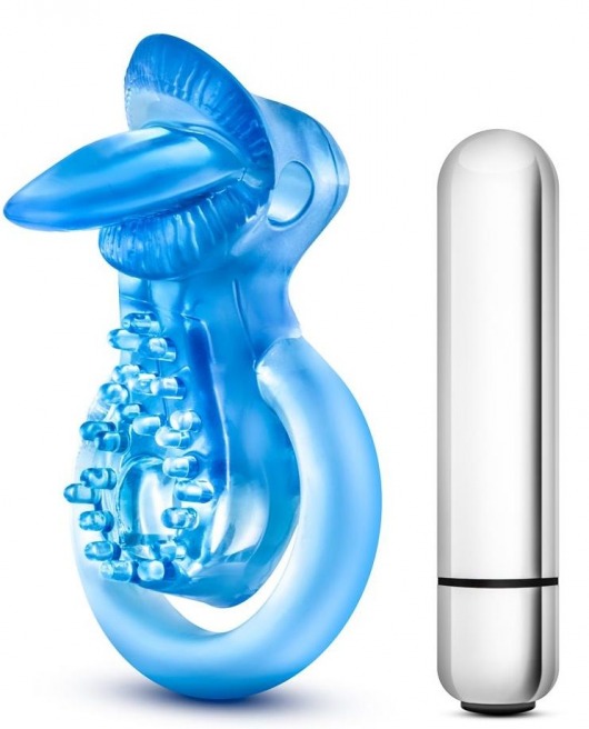 Голубое эрекционное виброкольцо 10 Function Vibrating Tongue Ring - Blush Novelties - в Москве купить с доставкой