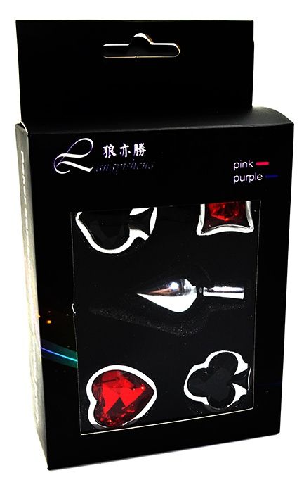 Набор из серебристой анальной пробки из нержавеющей стали и 4 кристаллов в форме мастей - 7,6 см. - Kanikule - купить с доставкой в Москве