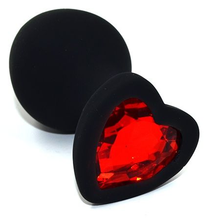 Черная анальная силиконовая пробка с красным кристаллом в форме сердца - 8,8 см. - Kanikule - купить с доставкой в Москве