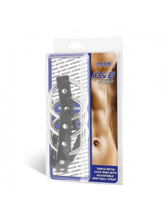 Тройное металлическое кольцо на пенис с регулируемым ремешком - BlueLine - купить с доставкой в Москве